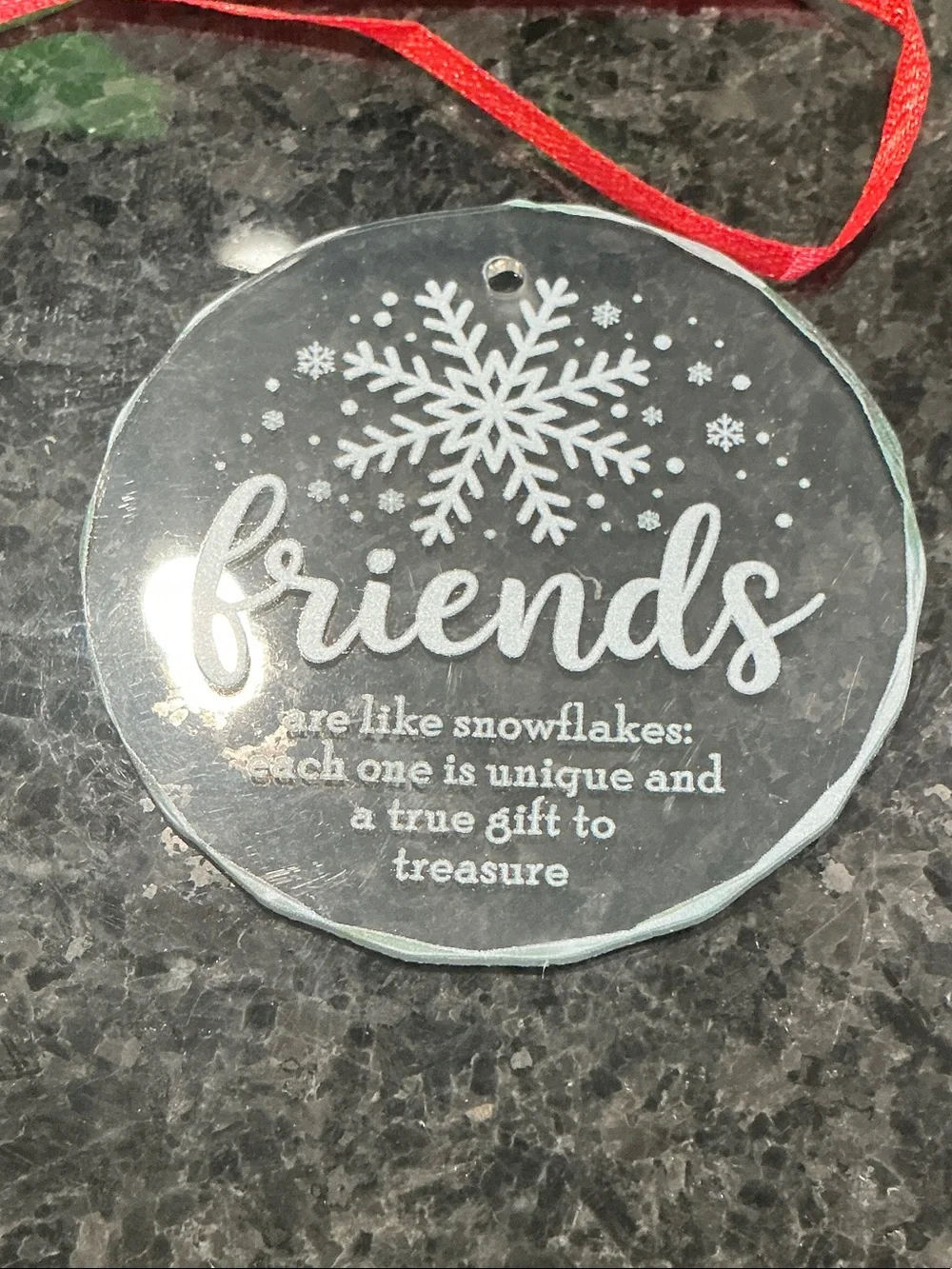 Clear Acrylic 'Friends' Snowflake Ornament with Red Ribbon